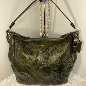 Coach Optic Art Inlaid Green Patent Leather Shoulder Bag Dark Evergreen Gold OP